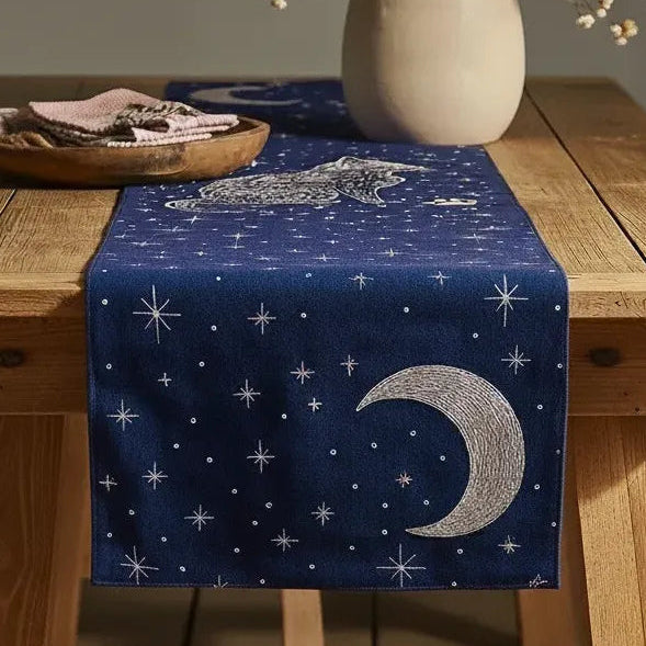 Starry Night Cat Table Runner | Van Gogh Inspired Hand-Embroidered Art