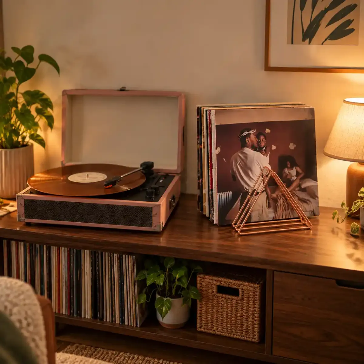 Vinyl record rack on a turntable console