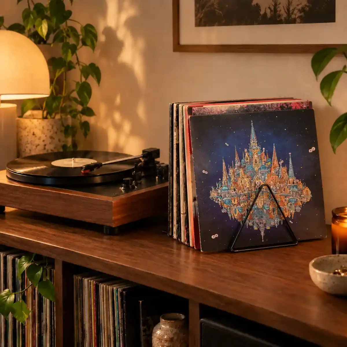 Metal record organizer on a shelf