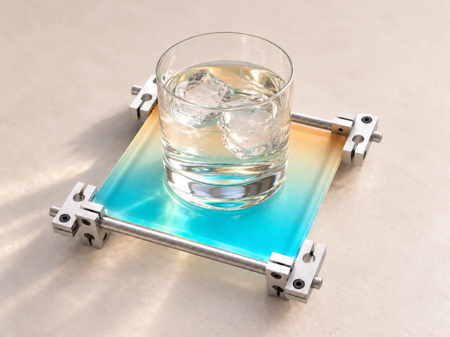 Aqua Champagne gradient acrylic coaster with a glass of water