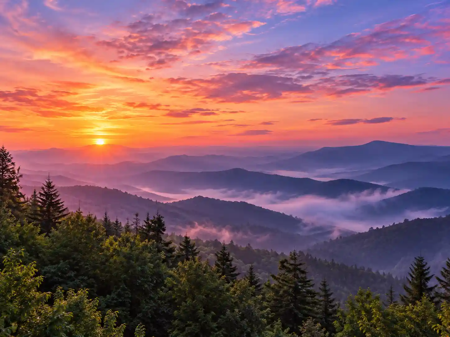 Coral sunrise over misty violet ridges in the Great Smoky Mountains