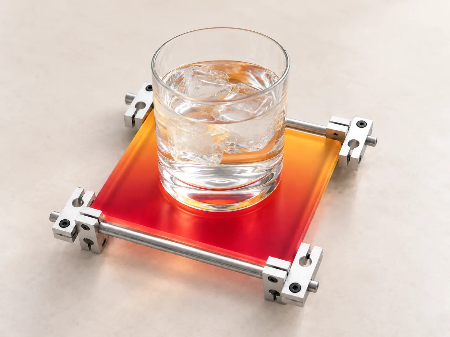 Amber Crimson gradient acrylic coaster with a glass of water