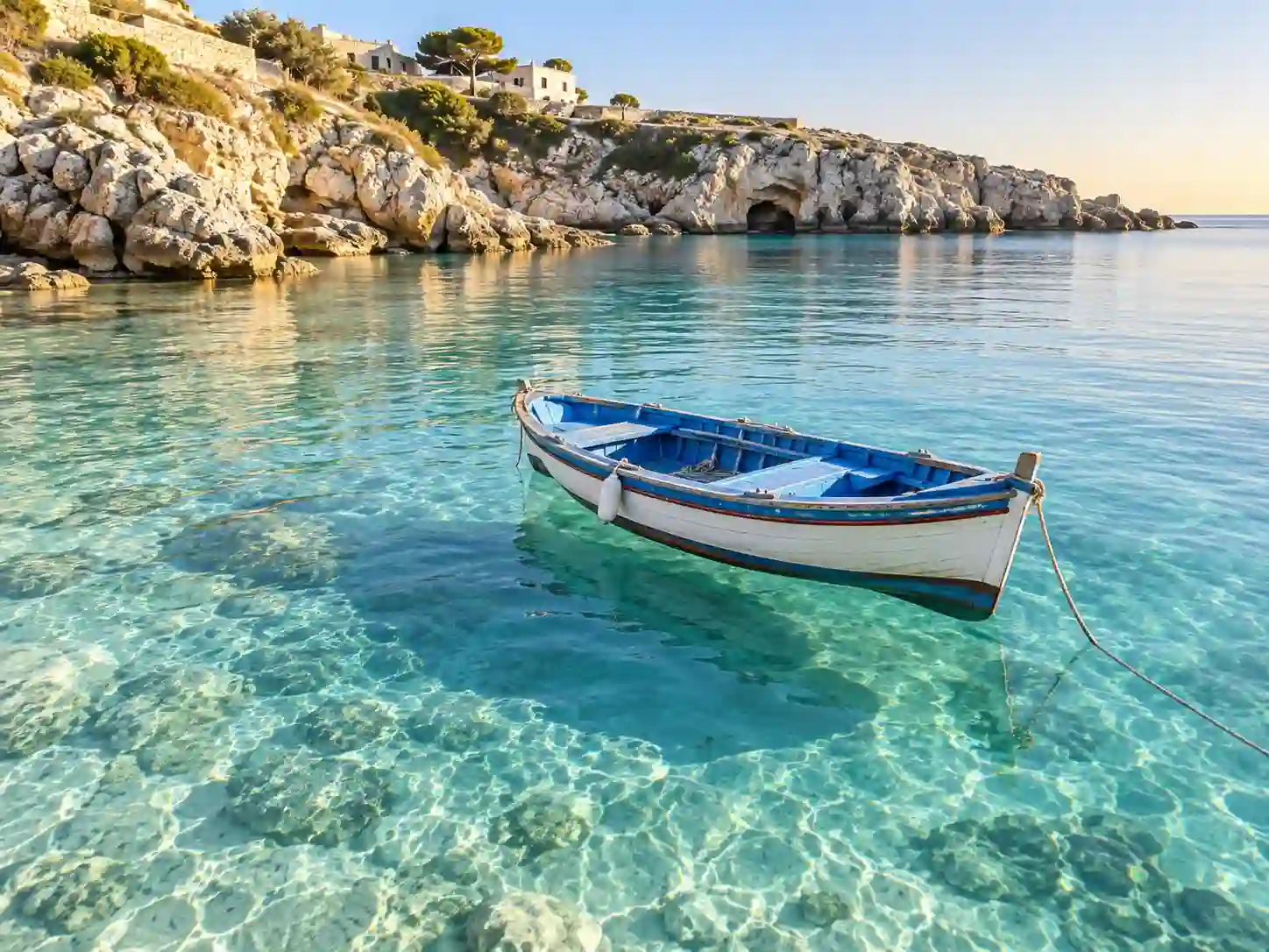 Clear aqua water and a small boat on the Mediterranean coast of Puglia