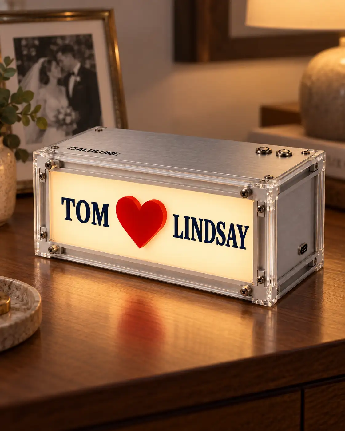 Personalized two names and raised red heart lightbox