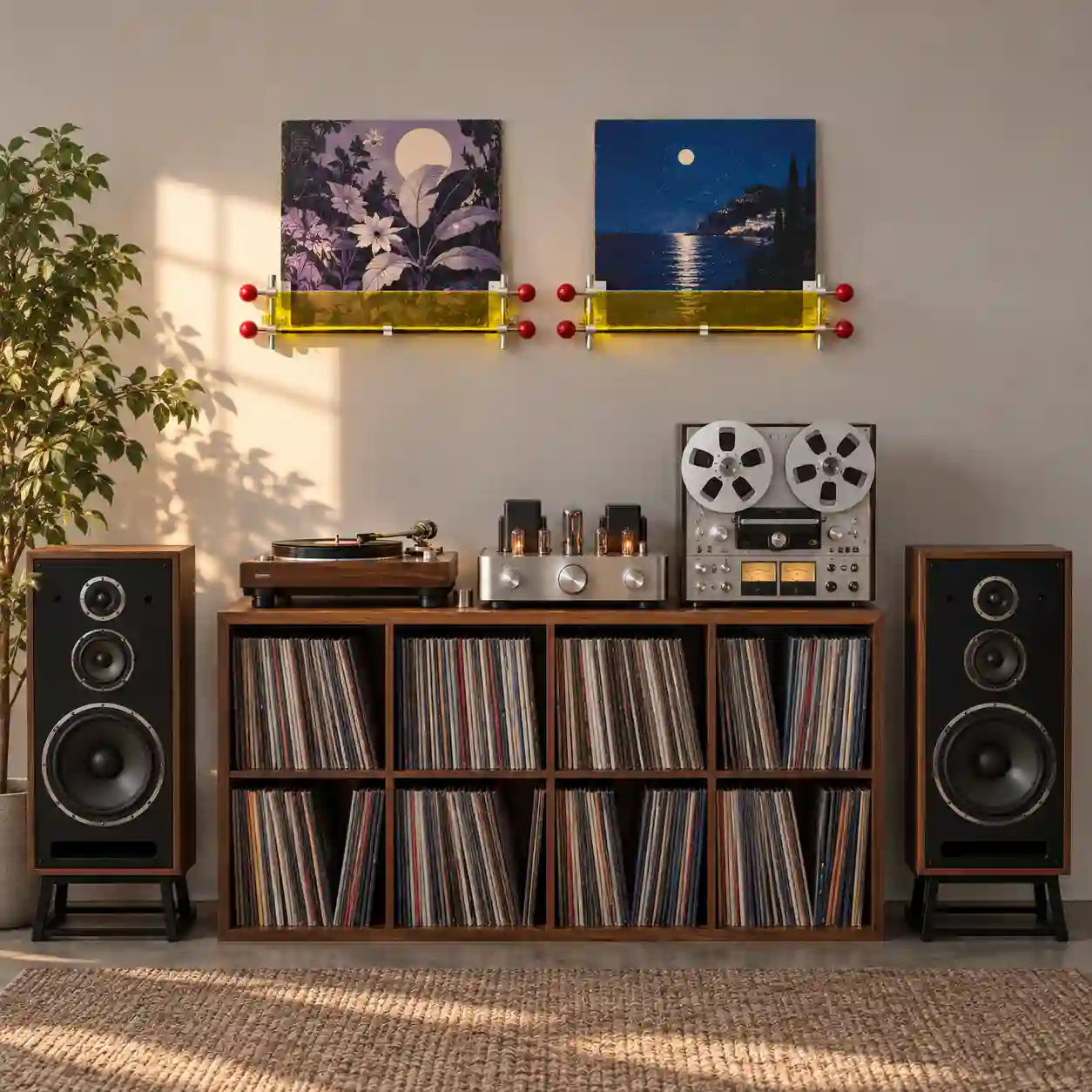 Vinyl album artwork displayed on an ALULUME VINYL AXIS shelf
