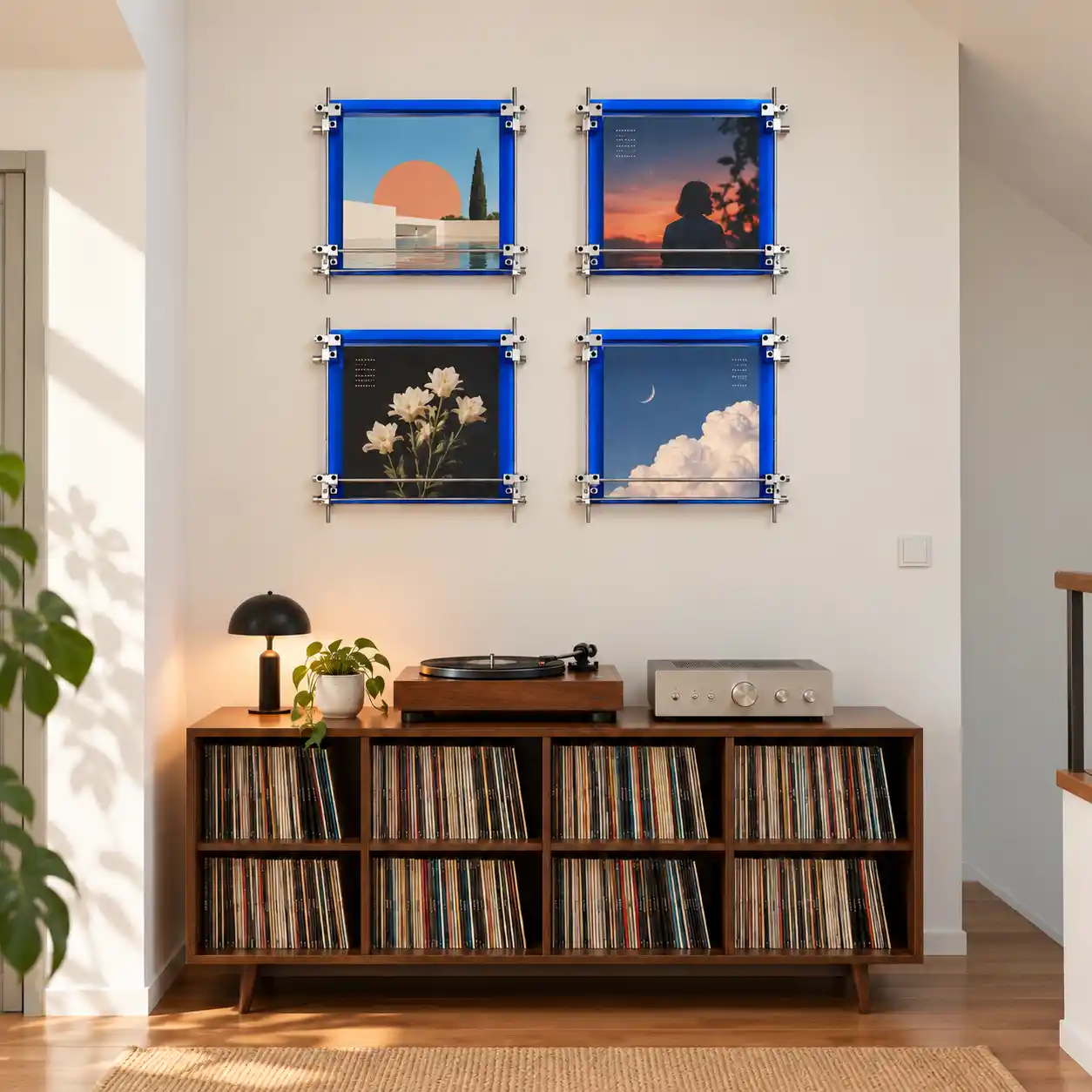 Four acrylic vinyl record wall displays in a square arrangement