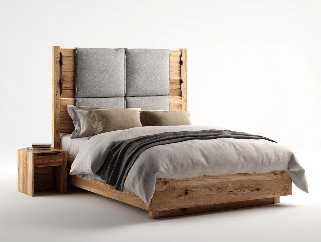 Lit double bois massif et tissu 200x180x120 cm - Bois naturel et gris clair - Style contemporain-Loftgetly