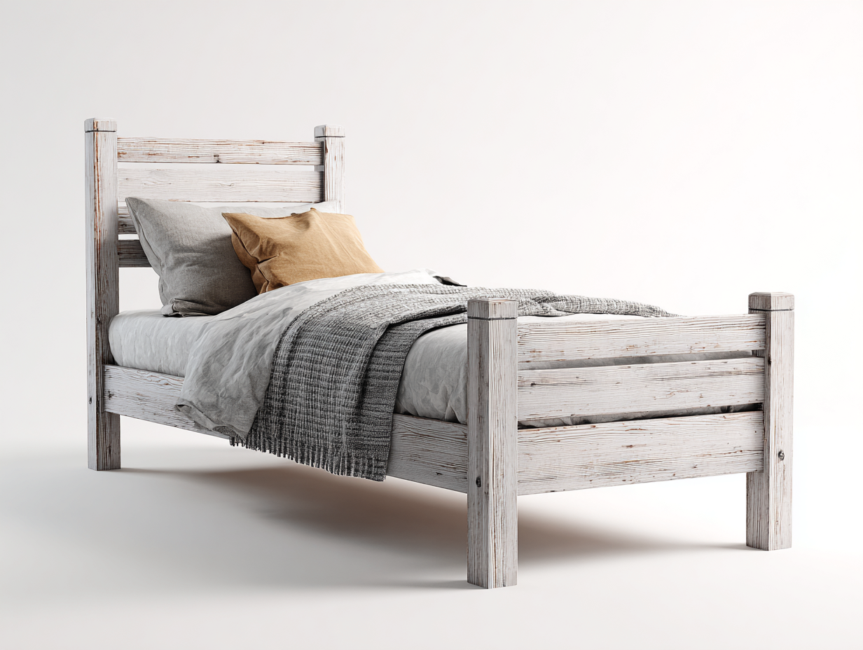 Lit simple bois massif 200x90x95 cm - Blanc patiné - Style rustique-Loftgetly