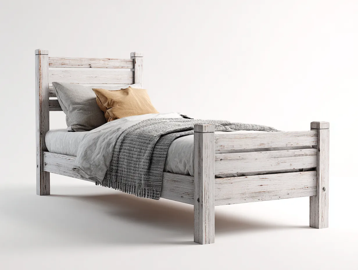 Lit simple bois massif 200x90x95 cm - Blanc patiné - Style rustique-Loftgetly