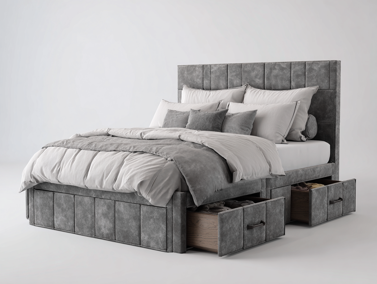 Lit double avec rangements 200x160x110 cm - gris - design moderne fonctionnel-Loftgetly