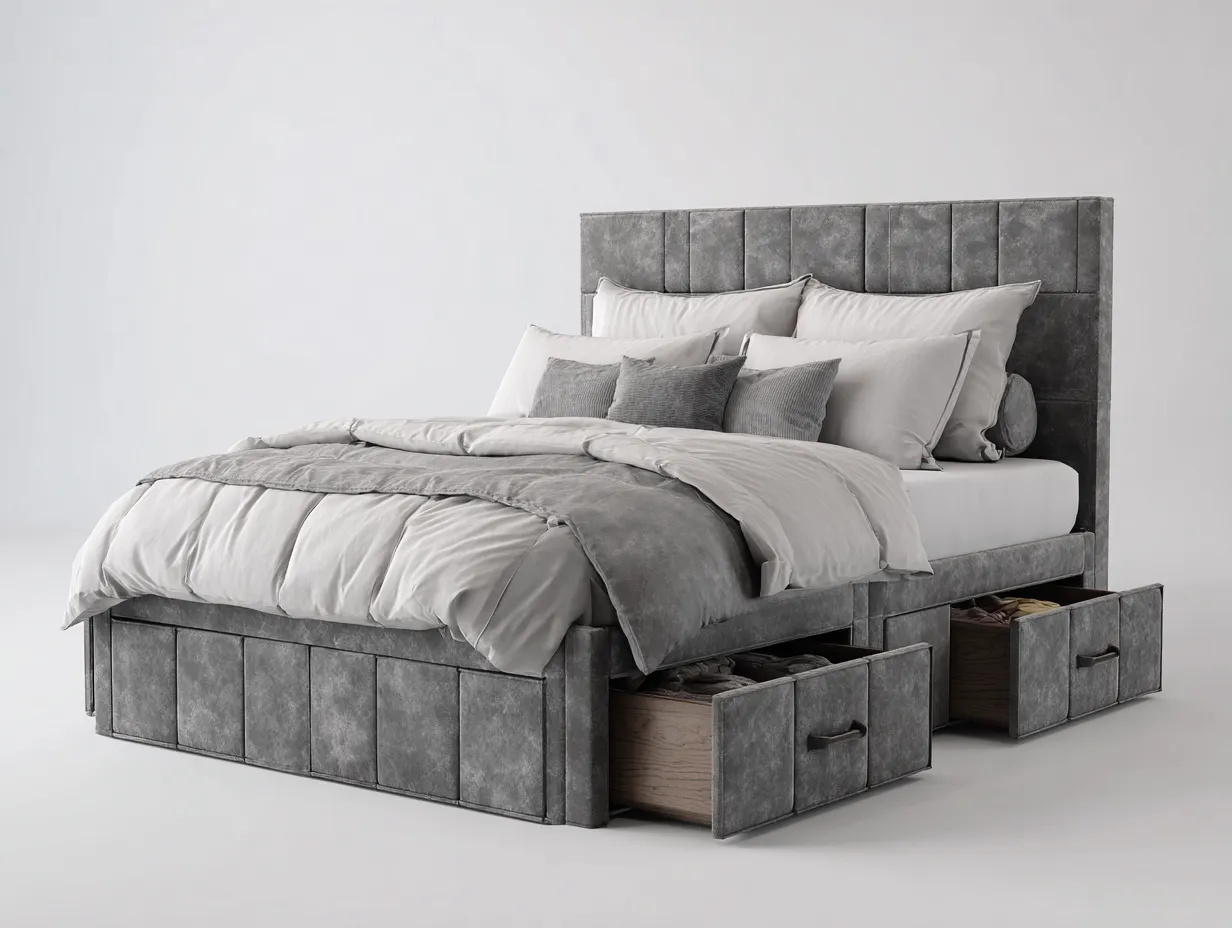 Lit double avec rangements 200x160x110 cm - gris - design moderne fonctionnel-Loftgetly