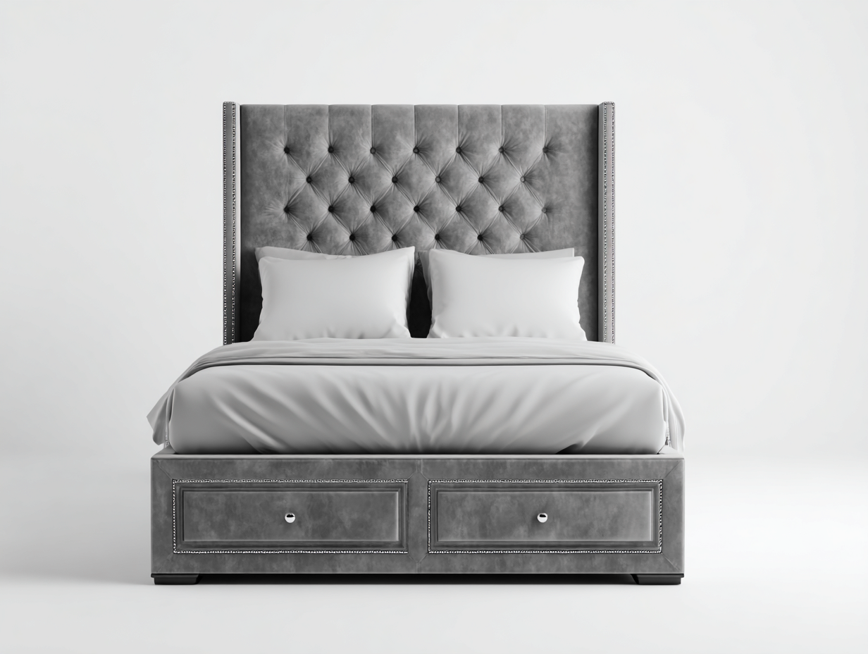 Lit double avec tête de lit capitonnée et 2 tiroirs 200x160x120 cm - gris - confort chambre style élégant-Loftgetly