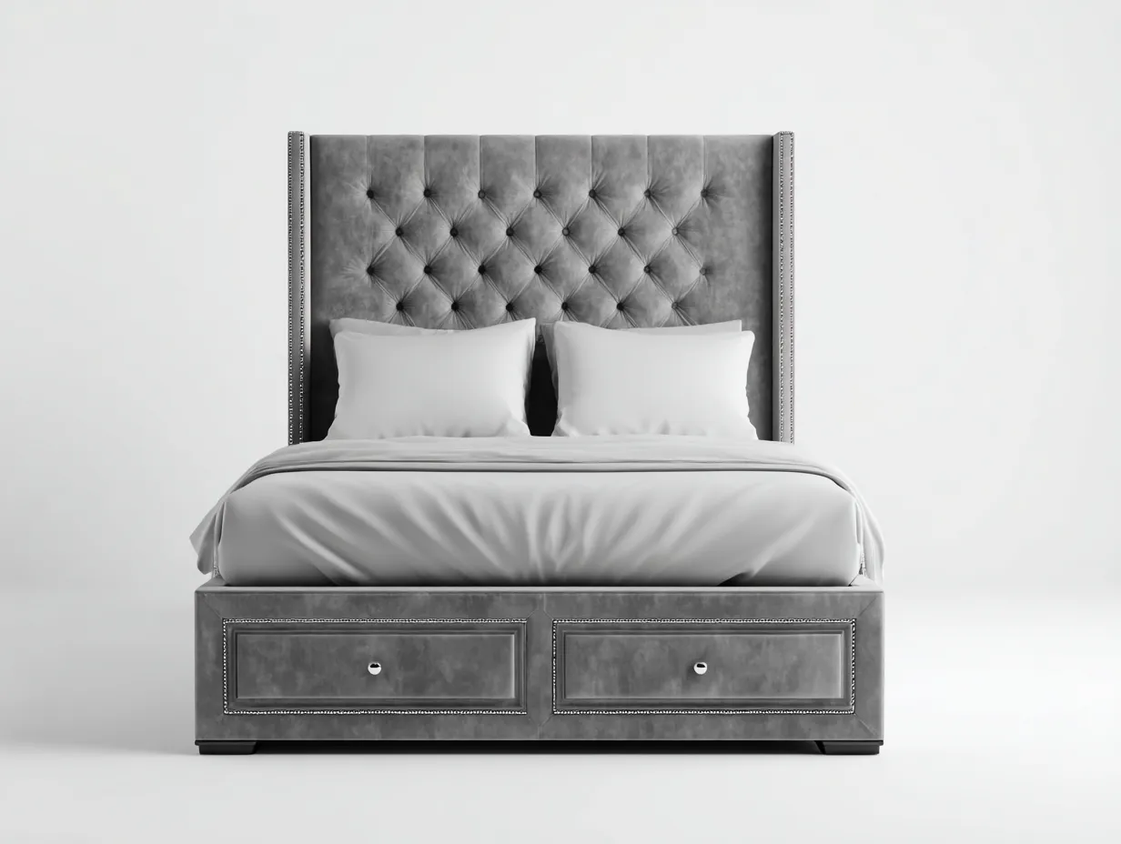 Lit double avec tête de lit capitonnée et 2 tiroirs 200x160x120 cm - gris - confort chambre style élégant-Loftgetly