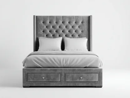 Lit double avec tête de lit capitonnée et 2 tiroirs 200x160x120 cm - gris - confort chambre style élégant-Loftgetly