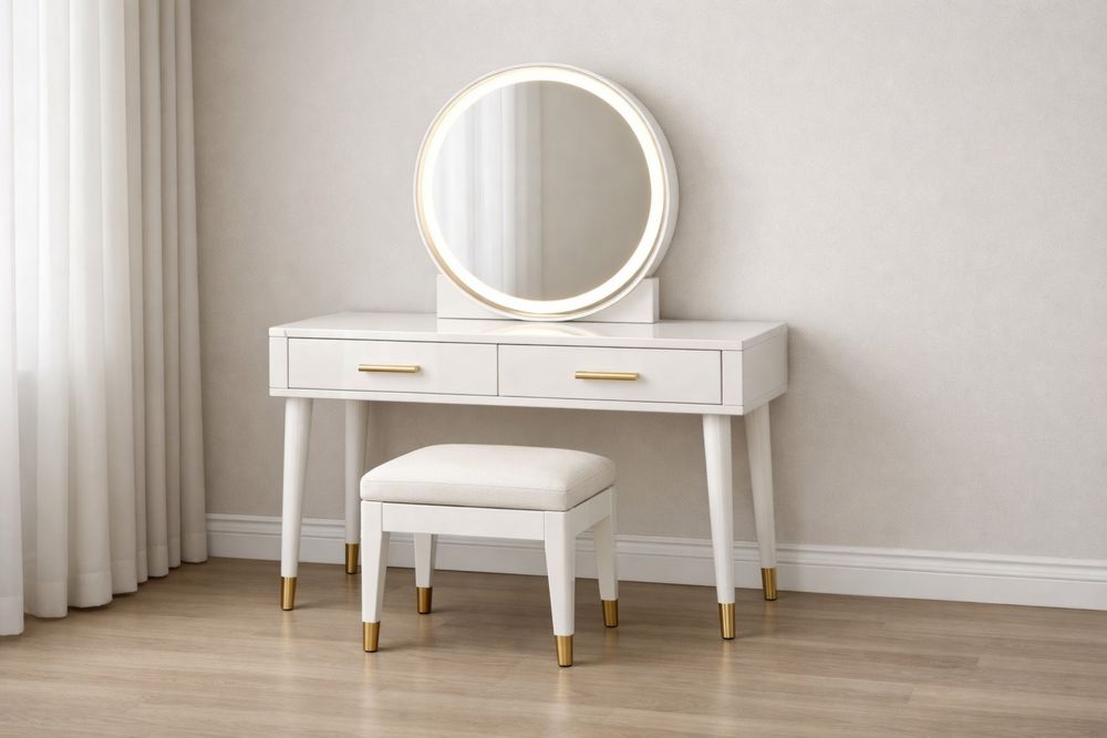 Coiffeuse avec miroir LED et tabouret en bois blanc