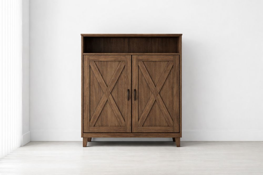 Meuble à chaussures en bois avec portes à double battant.