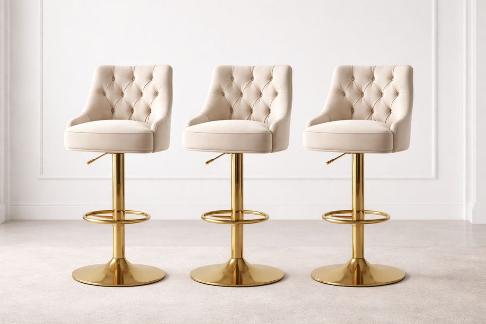 Ensemble de 3 Tabourets de Bar Velours Beige Métal Doré