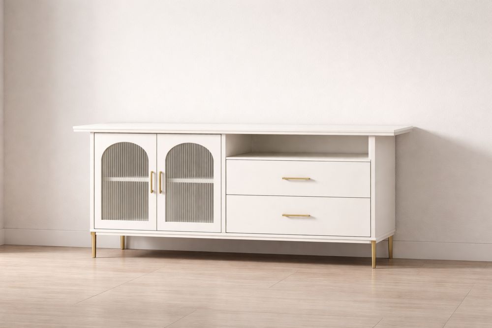 Meuble TV Blanc MDF Verre Métal