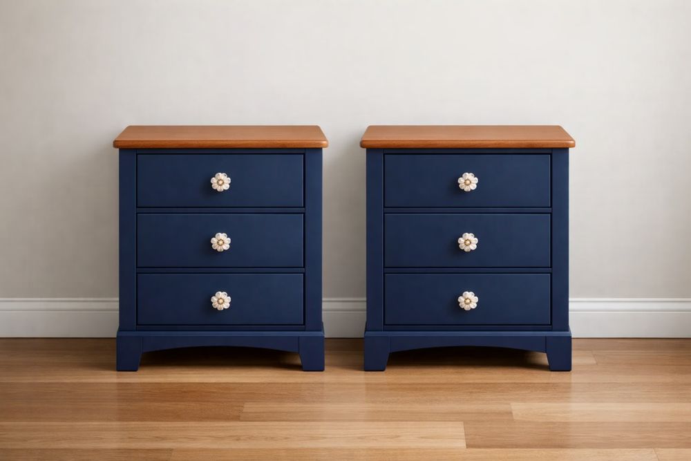 Lot de 2 Tables de Chevet en Bois avec 3 Tiroirs Bleu et Brun