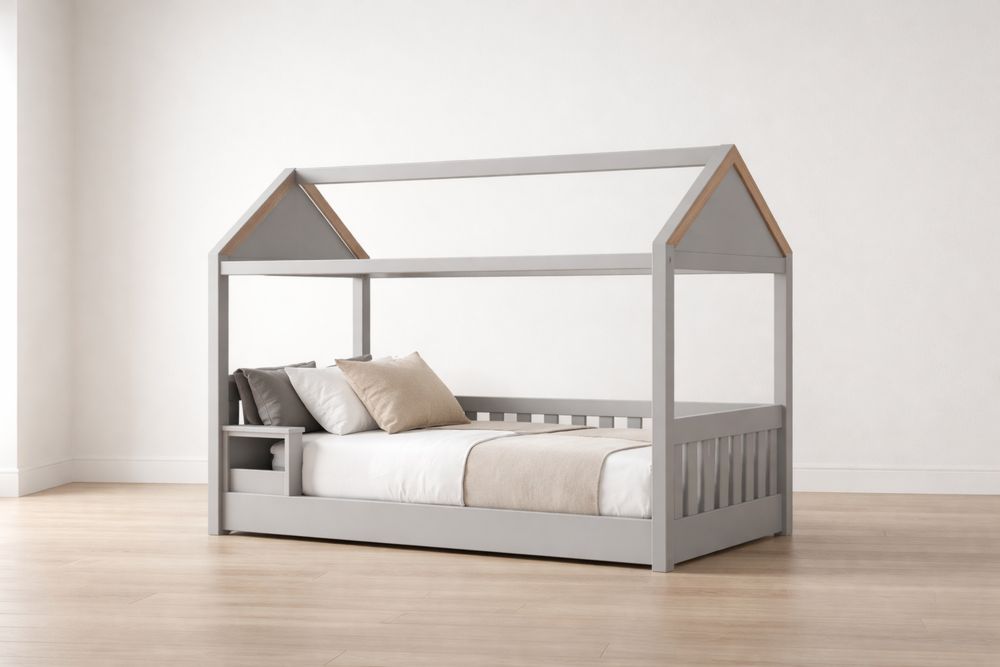 Lit cabane enfant bois massif Gris et Beige 95x200×180 cm