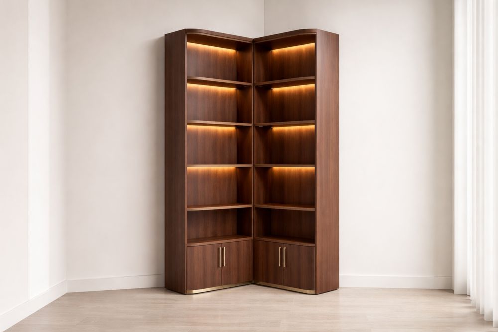 Bibliothèque d'angle en bois avec éclairage LED