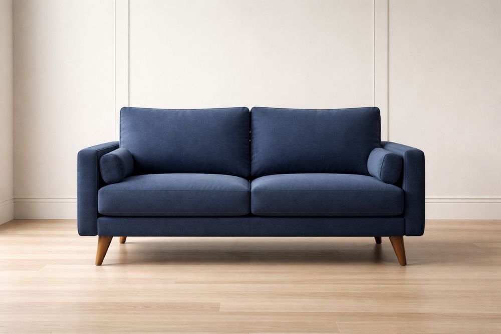 Canapé 2 places en tissu bleu avec pieds en bois