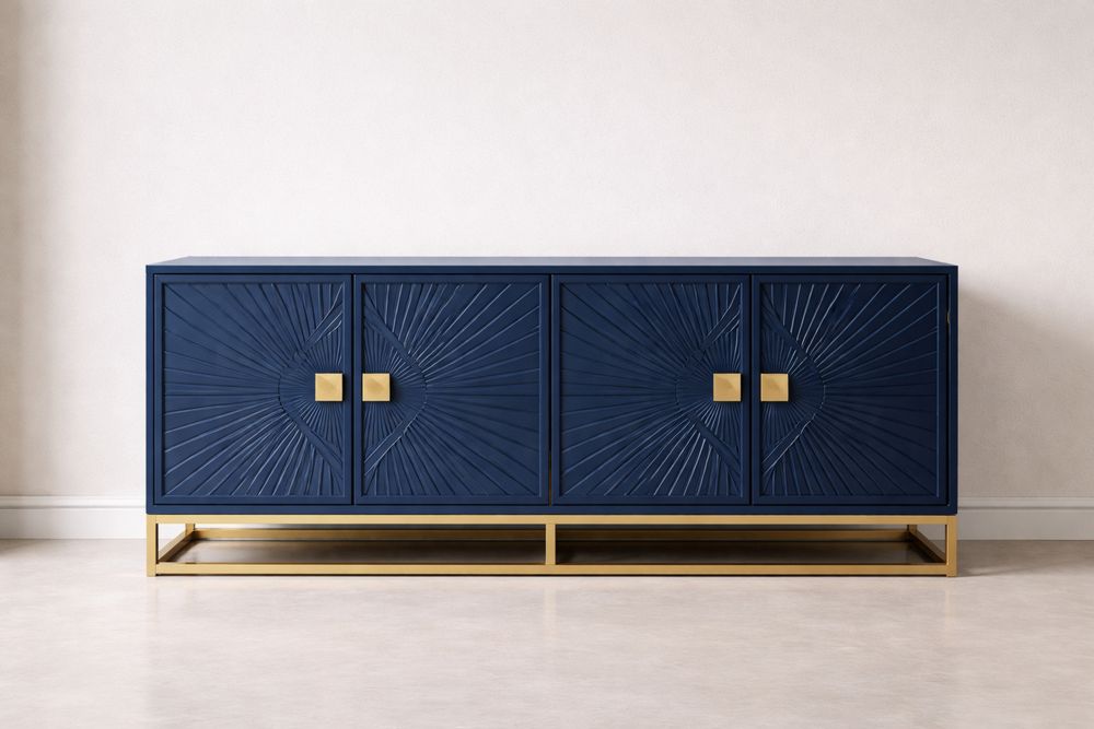 Buffet rectangulaire en bois MDF bleu et métal doré avec portes texturées