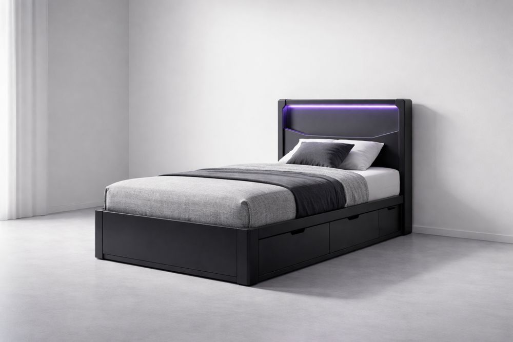 Lit simple en bois avec rangement et LED noire 200x100×90 cm