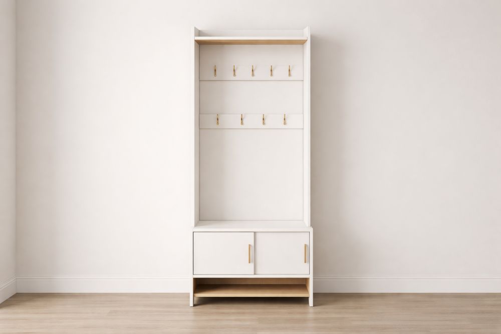 Portemanteau mural en Bois Blanc avec Crochets en Métal et Rangement