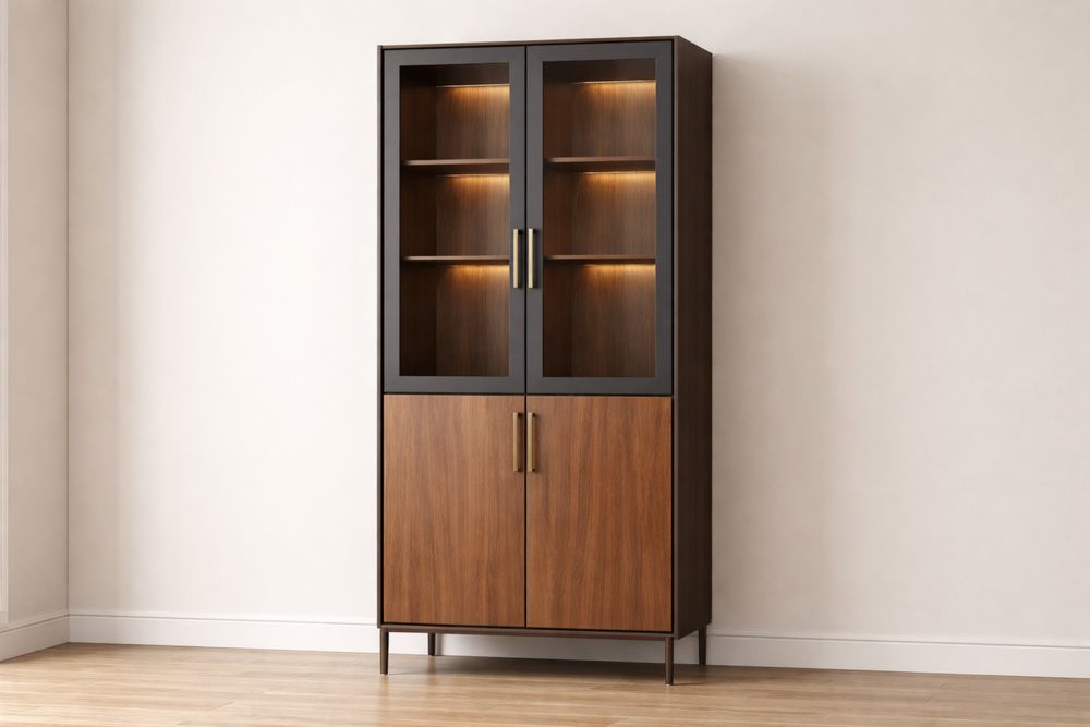 Armoire en Noyer avec Portes en Verre Trempé et Éclairage LED 200x90x40cm