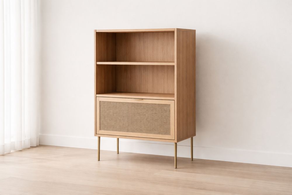 Bibliothèque en bois avec porte en rotin