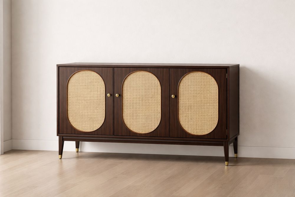 Buffet en bois foncé et rotin 120x40x80 cm