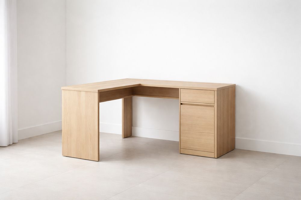 Bureau d'angle en bois chêne avec tiroir et armoire