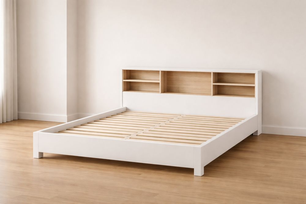 Lit plateforme en bois mélaminé Blanc avec tête de lit et rangement