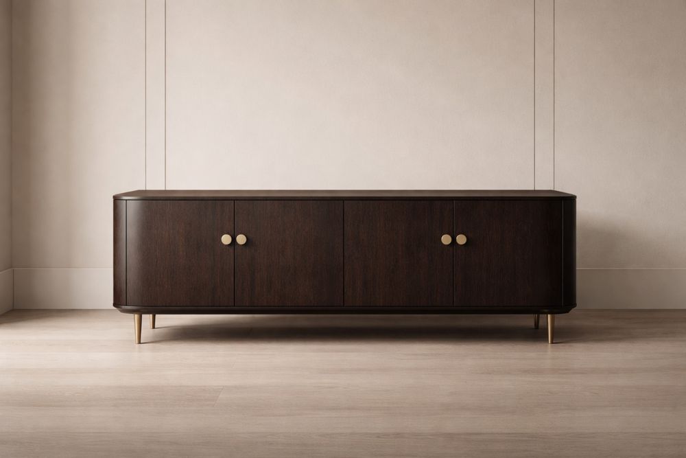 Buffet bas en bois marron foncé avec poignées dorées