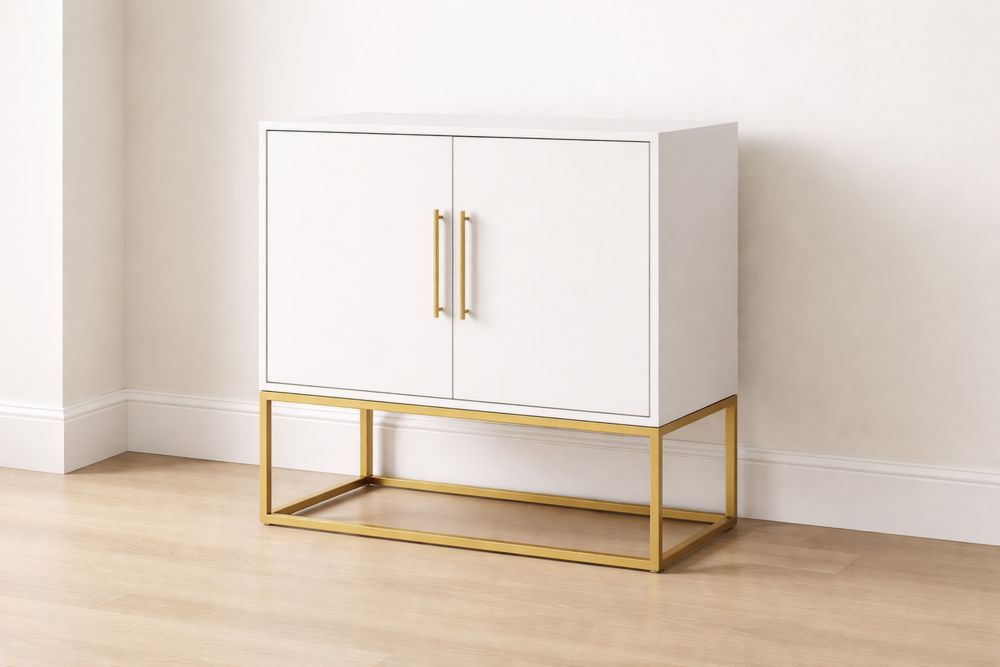 Buffet en MDF et métal avec portes Blanc et Doré 80x40x90 cm