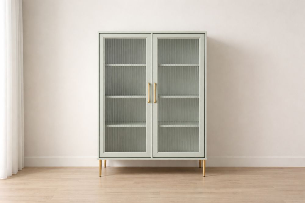 Armoire en Verre Strié Métal Vert avec Pieds Métalliques 120x40x200cm