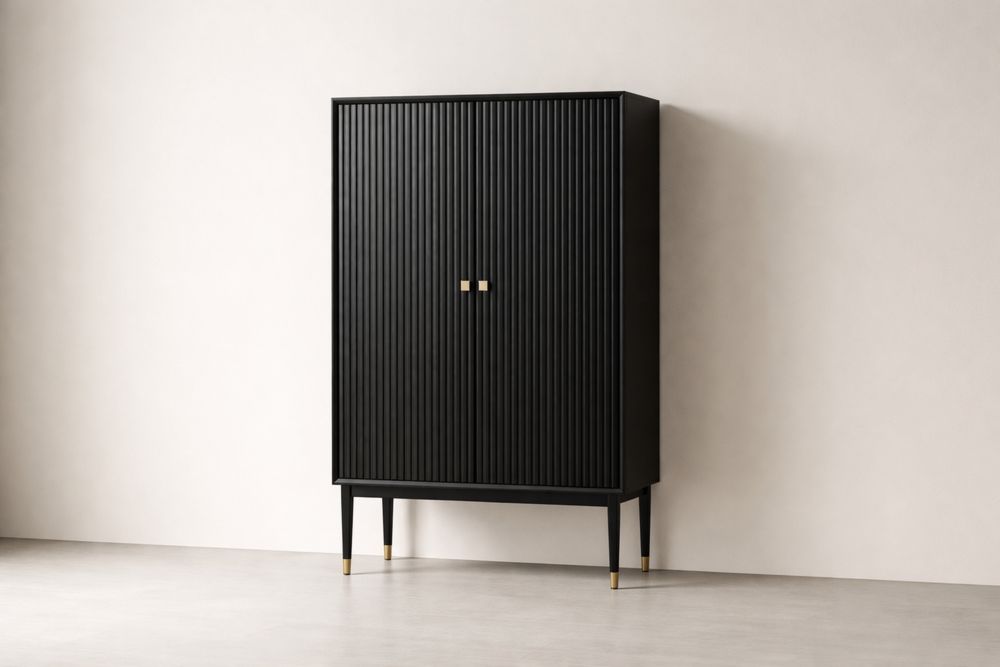 Armoire haute noire en bois à poignées en métal 180x85x40 cm