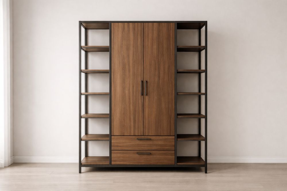 Armoire penderie en bois avec étagères en métal brun et noir, dimensions : 200 × 150 × 45 cm.