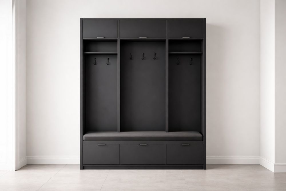 Vestiaire en Bois Noir avec Banc et Crochets