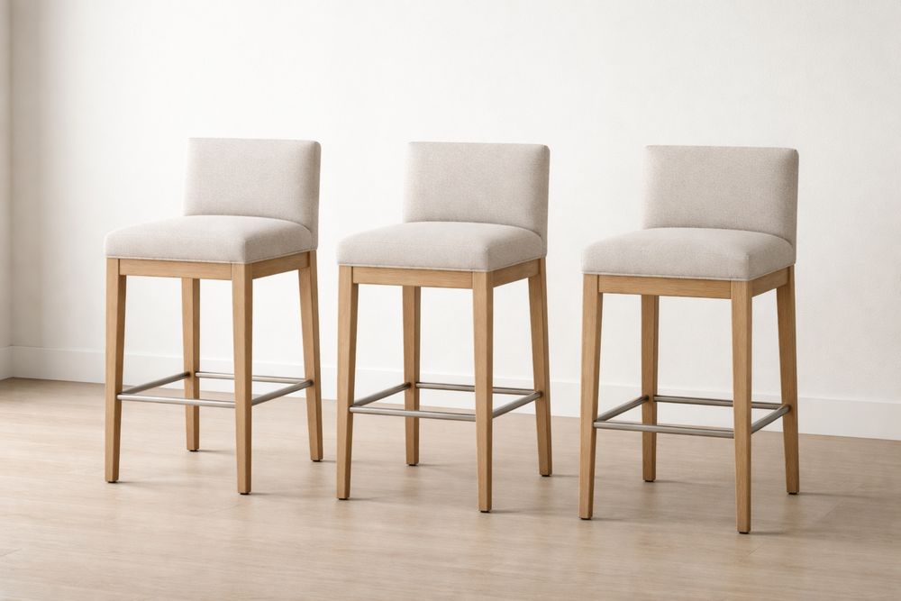 Tabourets de bar en bois avec assise en tissu beige, lot de 3