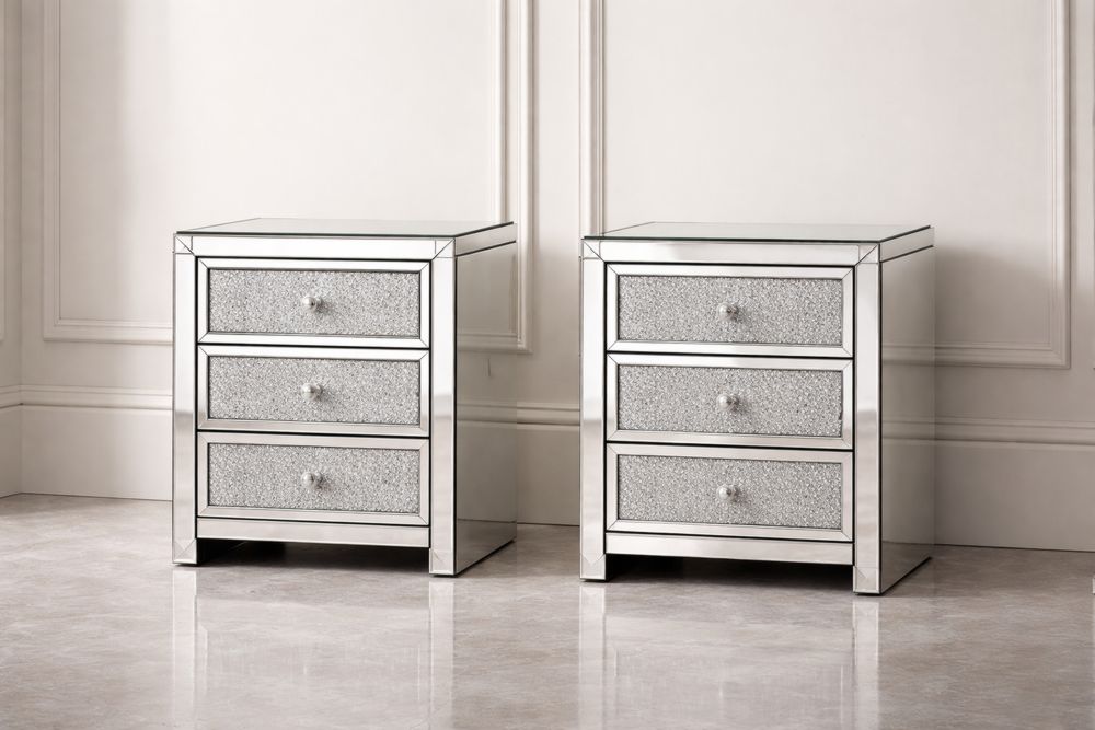 Ensemble de Tables de Nuit en Verre Trempé Argent 3 Tiroirs