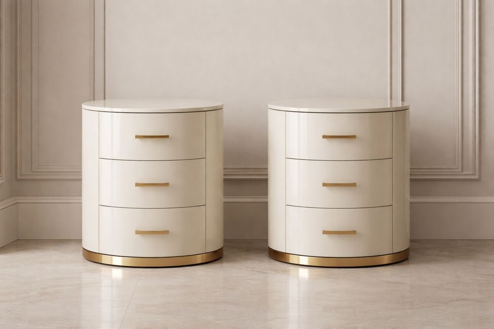 Tables de Nuit Rondes en MDF et Métal Blanc avec 3 Tiroirs, Ensemble de 2