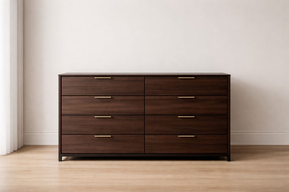 Commode 8 tiroirs en bois marron avec poignées en métal