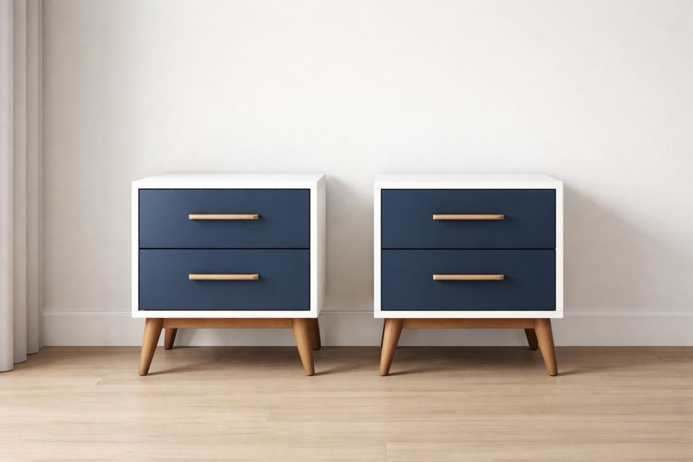 Lot de 2 tables de chevet en bois avec tiroirs Blanc/Bleu marine