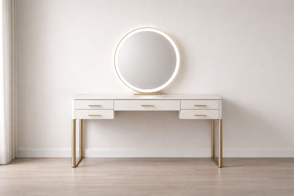 Coiffeuse en Bois MDF avec Miroir Rond LED et Métal Doré, 5 Tiroirs