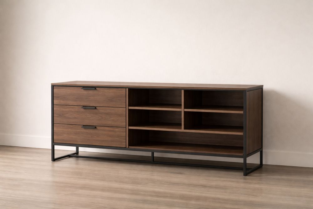 Buffet en contreplaqué bois marron avec cadre métallique noir