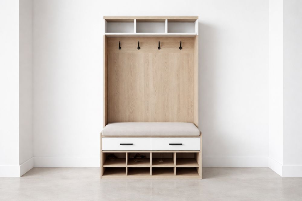 Meuble d'entrée avec banc et crochets en bois, polyester