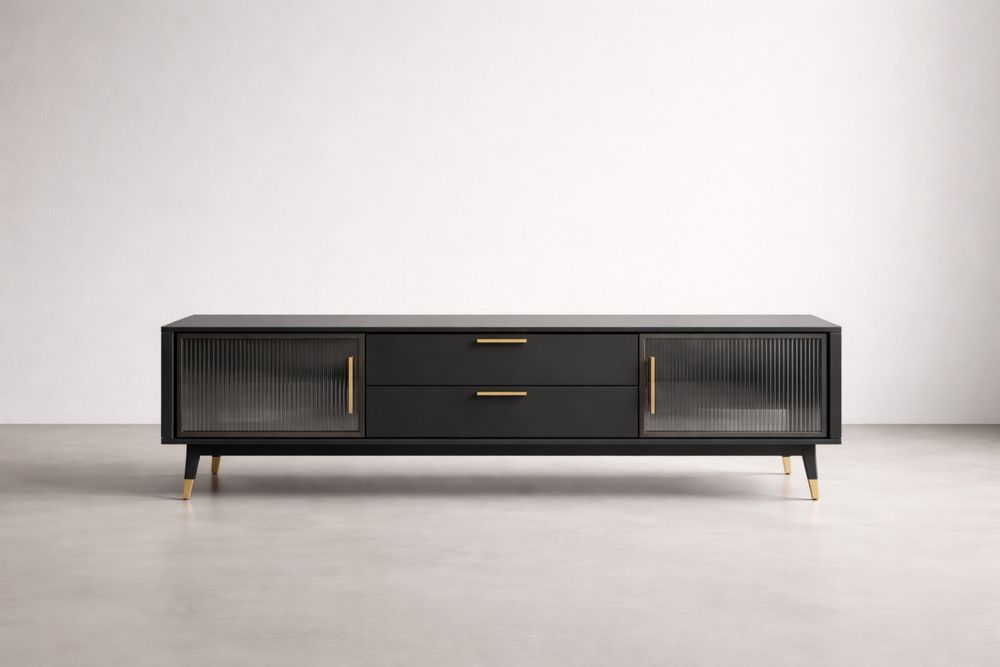 Meuble TV en métal noir avec portes en verre strié 180x40x50 cm