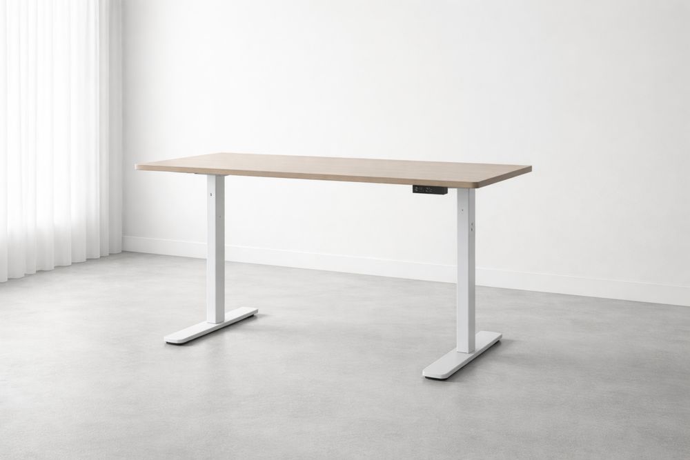 Bureau réglable en hauteur bois blanc avec piètement acier